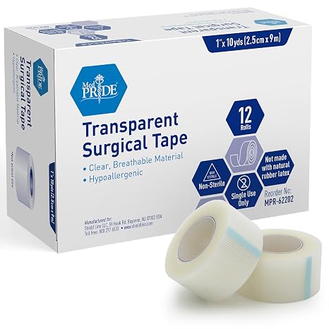 MED PRIDE Transparent Surgical Tape,1 in x 10 yd,Hypoallergenic,12-Pack