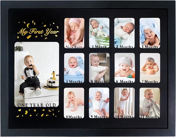 GMFrames Baby First Years Photo Frames 12 Month Picture Frame 12 * 16 for Holds (1) 5x7 & (12) 2x3 Wallet Size Photos Black