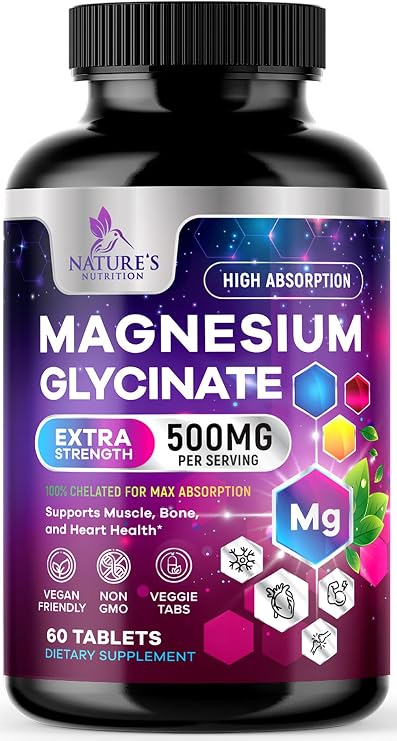 Magnesium Glycinate Supplement - 500mg Magnesium Per Serving - 100% Chelated & Purified - Supports Sleep, Heart Health, Muscle Strength - Best Absorption Magnesium, Bottled in USA - 60 Tablets