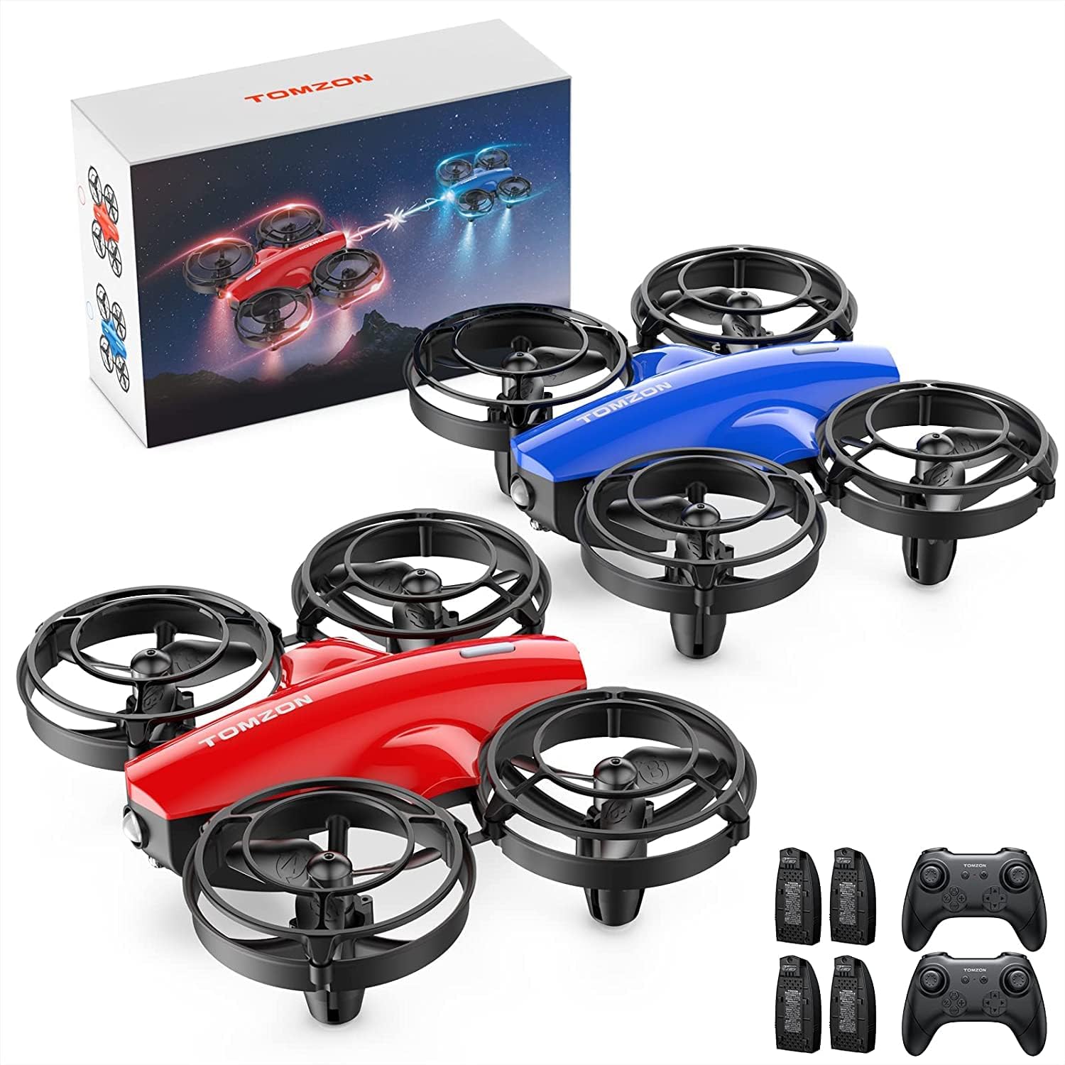 Tomzon Toy Drone, For Kids, 4.5 oz 100 g, Includes 4 Batteries, 32 Minutes of Flight Time, One-Key Take Off and Landing, Headless Mode, Altitude Maintain, Throwing Flight, Somersault, Circle Flight, High Speed Rotation, Indoor Use, Beginner, Birthday Gift, Domestic Certified, A24 Red  Blue