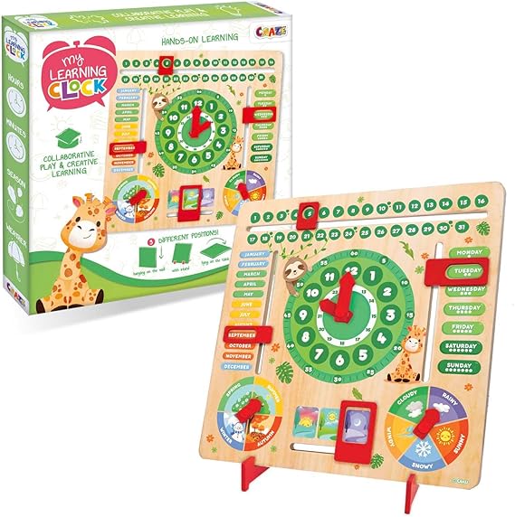 CRAZE English Learning Clock for Kids: Time, Weather, Months, Days of the Week... Educational Wooden Game with Animal Designs, Green | Kids learning clock with months, seasons, weather & analog time - home education resource for ages 3+
