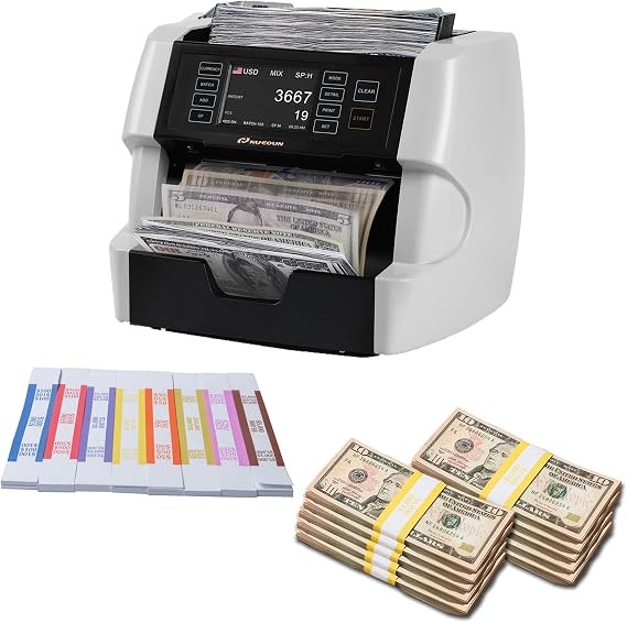 NUCOUN VC-3 Mixed Denomination Money Counter Machine White and Pack of 400 Money Bands for Cash