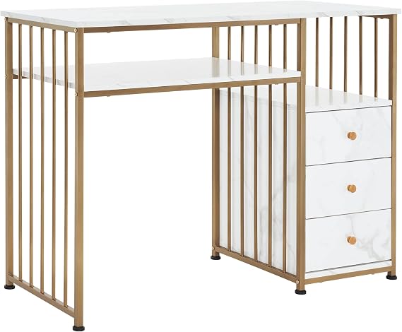 BarberPub Manicure Table for Nail Tech, Golden & Marbling Texture Nail Desk with Storage Drawers and Shelf, Home Salon Spa Equipment, Beauty Nail Table with Metal Frame 2407