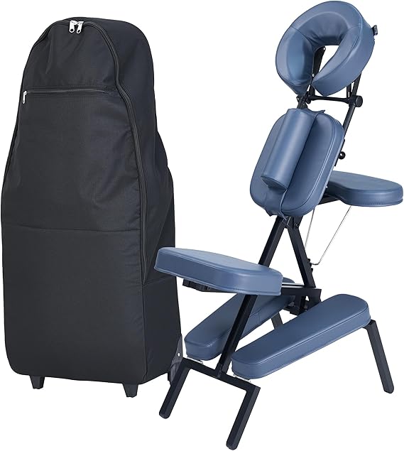 Professional Portable and Lightweight Tattoo/Massage Chair by Master Massage - Folding Aluminum Frame with Adjustable Features and Wheeled Carrying Case, Blue