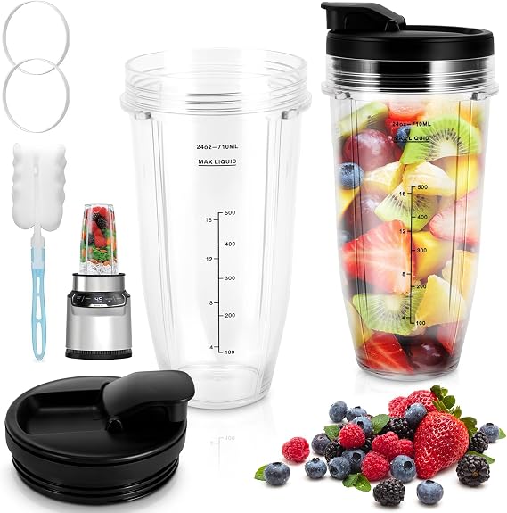 24oz Replacement Cups with Flip Top to-go Lid for Ninja Blender - 2 Pack Blender Replacement Parts Compatible with Nutri Ninja Blenders Auto iQ BL480 BL482 BL642 BL682 NN102