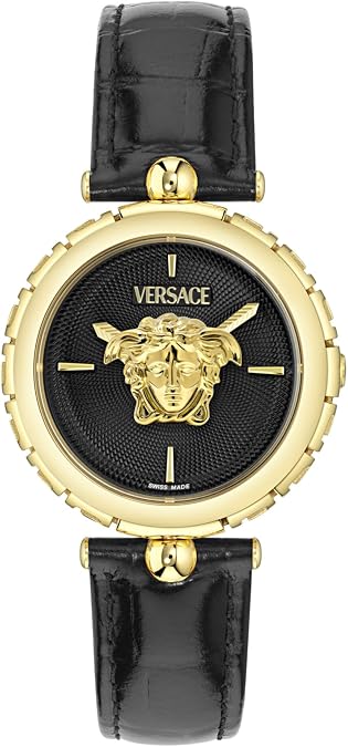 Versace Medusa Heritage Collection Luxury Womens Watch Timepieces with a Black Strap and Dial Featuring a Gold Case
