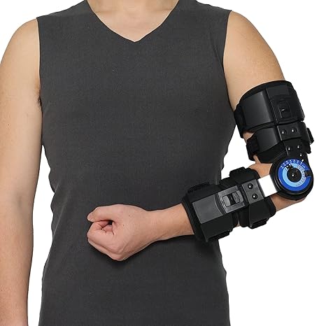 Orthomen Hinged ROM Elbow Brace - Adjustable Post OP Stabilizer for Surgery Recovery, Fracture & Tendon Repair Rehabilitation - Telescoping Arm Splint with Locking Hinges, Left