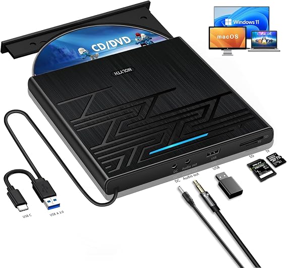 External DVD Drive for Mac, USB CD ROM Burner External Drive for Laptop with 3.5mm Audio SD TF Slot, Portable Optical Disk Drive DVD Player SuperDrive for PC Apple Windows Desktop
