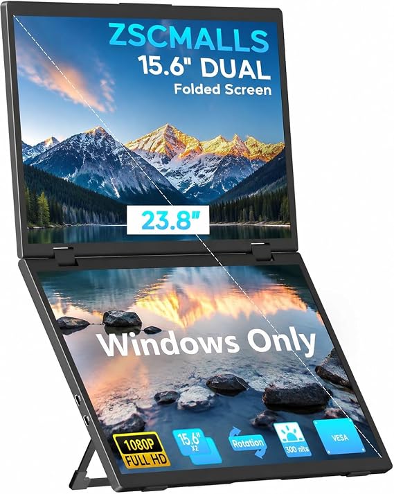 ZSCMALLS (Windows Only Triple Laptop Screen Extender, 15.6" 1080P FHD IPS Folding Stacked Portable Monitor, USB C Travel Extended Computer Display w/VESA, 180Rotation, Plug & Play for PCs