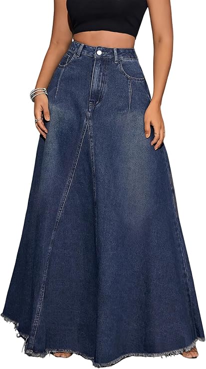 ebossy Women's Retro Distressed High Waist Frayed Hem A Line Wash Maxi Long Denim Skirt with Pockets