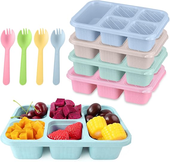 Bento Snack Boxes, 4 Pack Reusable Meal Prep Lunch Containers for Kids Adults, 5 Compartments Bento Snack Box Divided Food Storage Containers for School Work Travel (Pink/Beige/Green/Blue)