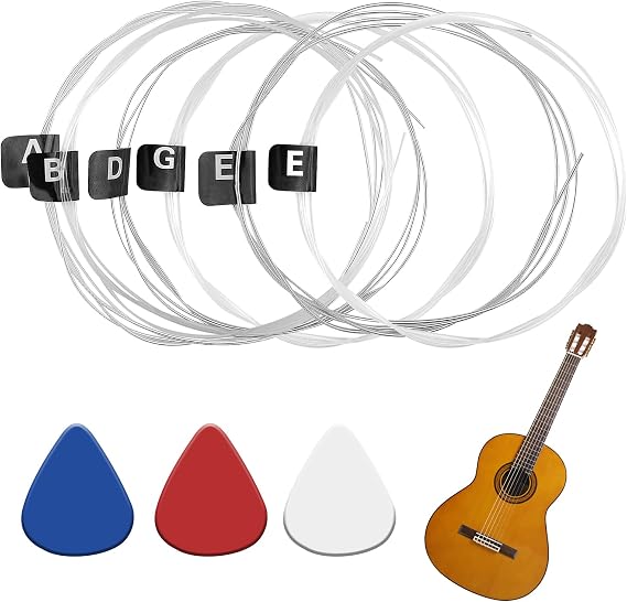 Classical Nylon Guitar Strings Full Set for 4/4 & 3/4 Guitars with 3 Picks | Universal Classical Guitar Strings, Musical Instrument Accessories, Quick & Easy Restringing. 3 Non-Slip 9mm Thick Picks.