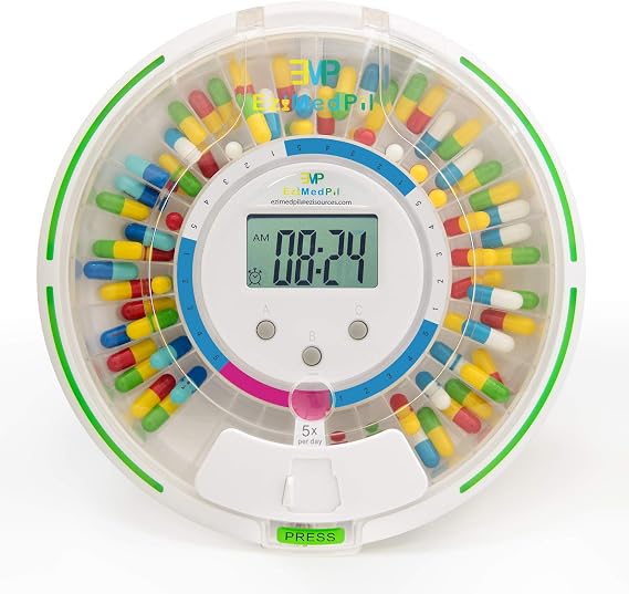 EziMedPil Automatic Pill Dispenser with Alarm for the Elderly | 28-Day Clear Lid & LCD Display Monitoring Pill Organizer with Sound-Light Reminders, 6 Daily Alarms & Lock Design for Pills