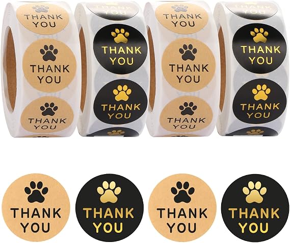 BENBO 2000 PCS Dog Paw Print Thank You Stickers, 1 Inch Kraft Pet Paw Stickers Gold Foil Puppy Paw Envelope Seals Labels Stickers for Small Business, Pet Events, Kennels, Greeting Cards, 4 Rolls