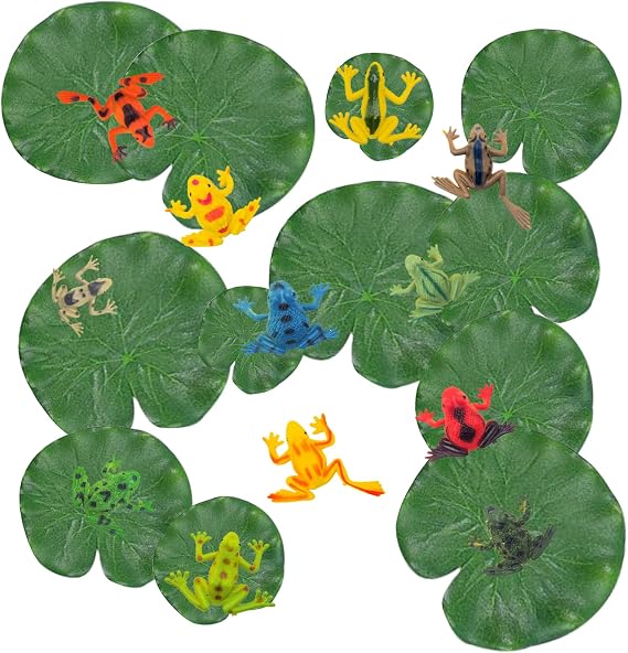 22PCS Lily Pad and Plastic Frogs Set 12 Colorful Frog Figures 10 Artificial Floating Lotus Leaves for Pond Pool Decorations Party Favors