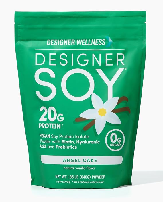 Designer Wellness, Soy Isolate Protein Powder with Biotin, Hyaluronic Acid, and Prebiotics, Vegan, 0 Sugar, Non-GMO, Angel Cake Vanilla, 1.87 lb