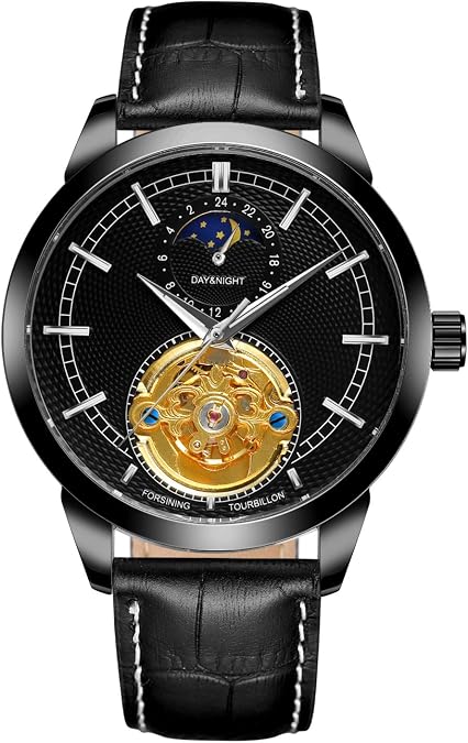 Retro Design Moon Phase Skeleton Automatic Mechanical Leather Strap Male Dress Watches