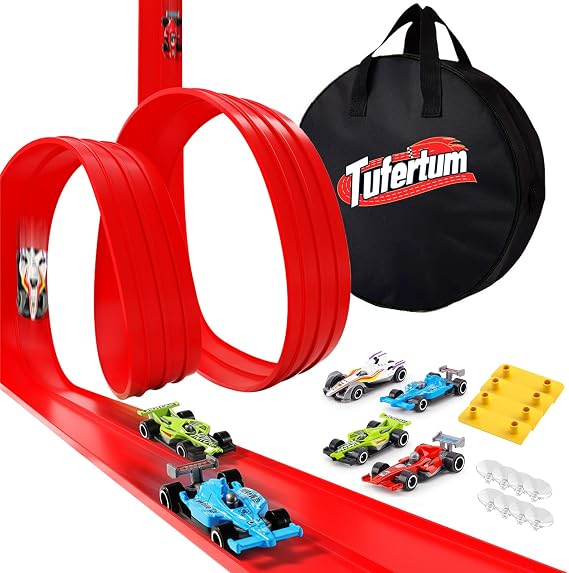Flexible Toy Car Track for Racing, 4M Roll Up Race Track Includes 4 Diecast Toy Cars for Boys, Diecast Cars and Monster Trucks, Attach to Windows Doors for Bumps Jumps Tunnels Loops