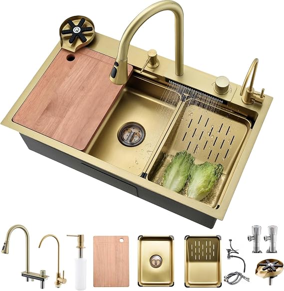 Raindance Nano Waterfall Stainless Steel Kitchen Sink, Multifunctional Sink with Chopping Board, Pull Out Faucet and Other Accessories Glass Washer, Ingle Bowl Railfall Gold (80x45x21CM)