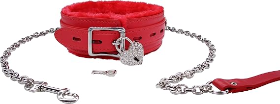 AWISZZZ Pets Dog and Cat Gothic Leather Collar Tie Long Lead Chain Strong Durable with Love Lock and Collar Necklace Neck Size Adjustable Collar for Women Pets - Red