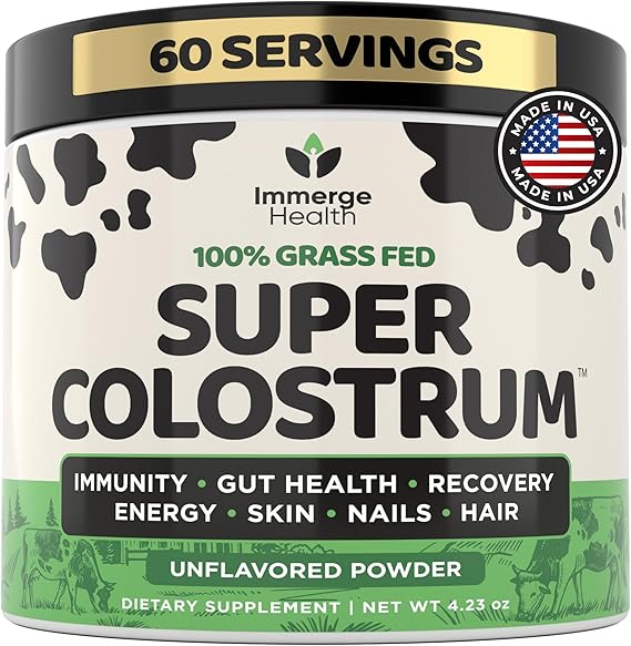 Immerge Health Super Colostrum Powder (60 Servings) Premium Bovine Colostrum Supplement for Gut Health, Bloating & Immune Support High IgG, 100% Grass Fed First Milking, Unflavored, Made in USA
