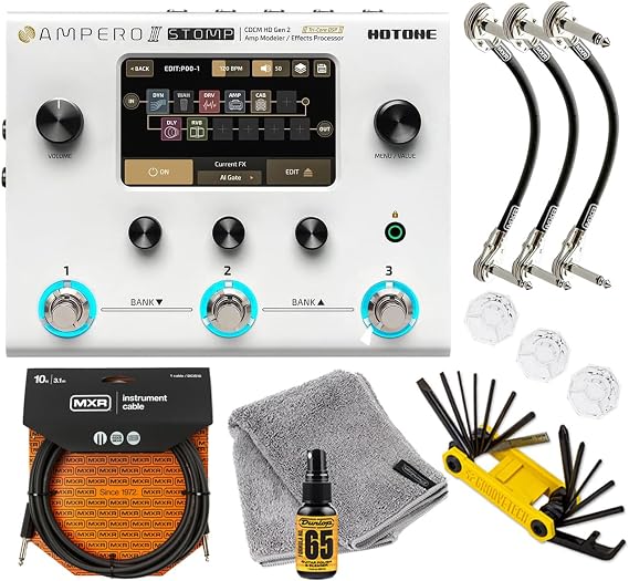 HOTONE Ampero II Stomp Multi Effects Processor Pedal Touch Screen Guitar Bass Amp Modeling IR Cabinets Simulation 450+ Dual FX Chain Processor Stereo Looper USB I/O Tonebird MXR Cable Bundle MP-300