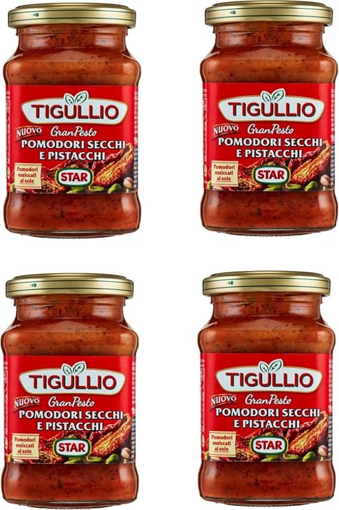Tigullio:"Gran Pesto Pomodori Secchi e Pistacchi" Dried Tomatoes and Pistachios Pesto - 6.42 Fluid Ounce (190ml) Packages (Pack of 4) [ Italian Import ]