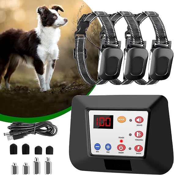 Wireless Dog Fence, Electric Dog Fence, IP65 Waterproof Training Collar with Remote, Vibration & Shock, Adjustable Control Range, Pet Boundary Containment System for Stubborn Dogs,for3dogs