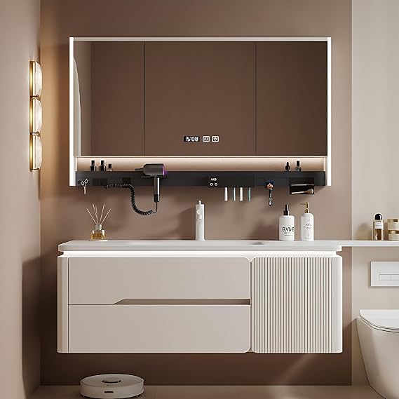 Bathroom Vanity with Sink Set - Includes LED Smart Defogging Mirror Cabinet, Stylish Floating Vanity - Bathroom Sink Cabinet with Drawers & Multifunctional Shelves (48")
