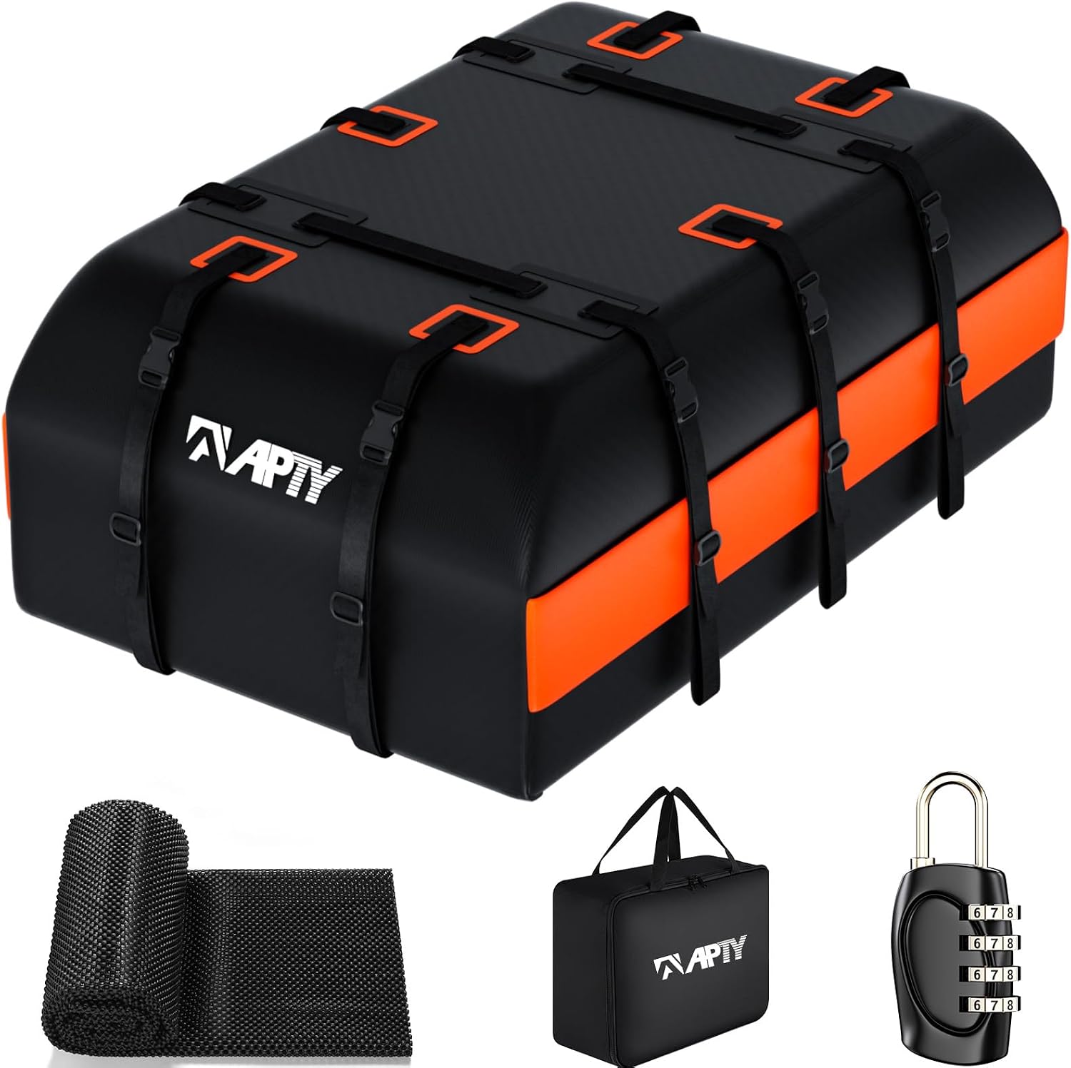 Car Rooftop Cargo Bag Carrier 21 Cubic Feet, Soft Roof Top Luggage Bag for All Vechicles withWithout Racks - with Waterproof Zip, Luggage Lock, Anti-Slip Mat, Door Hooks, Orange