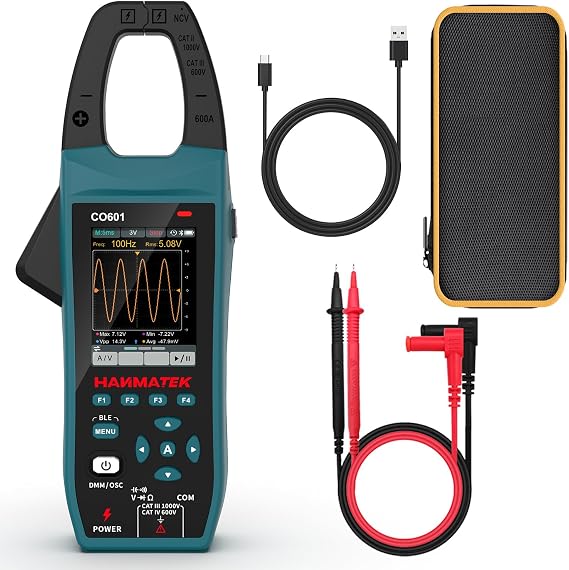 HANMATEK 3-in-1 AC/DC Clamp Meter & Oscilloscope,5MS/s High Sampling Rate,1MHz Bandwidth,600A &1000V AC/DC Current & Voltage Detection,Resistance,Capacitance,Continuity Test,NCV,Data Logging-CO601