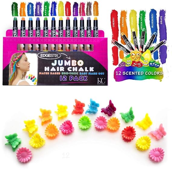 Hair Chalk for Kids Jumbo Hair Chalk Sticks Washable Hair Color Temporary Dye for Girls Safe Scented Rainbow Metallic Glitter Hair Birthday Cosplay DIY Halloween Christmas Gift 12 Colors