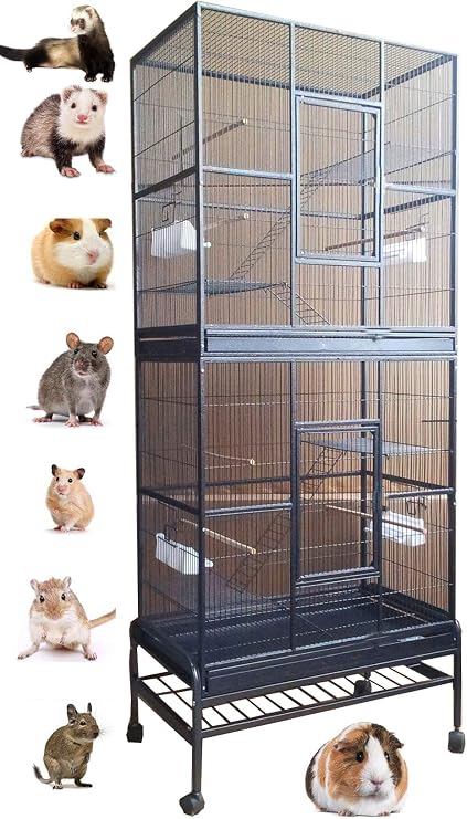 Extra Large Double Stackable Wrought Iron Chew-Proof Ferret Chinchilla Sugar Glider Small Animal Cage with Washable Tray and Removable Rolling Stand