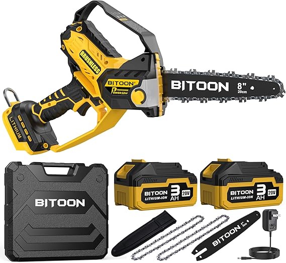 BITOON 8-Inch Mini Chainsaw with 2PCS 3.0Ah Battery and Charger, Auto-Oiler, Brushless Cordless 8-Inch and 6-Inch 2-in-1 Pruning Chain Saw, Portable