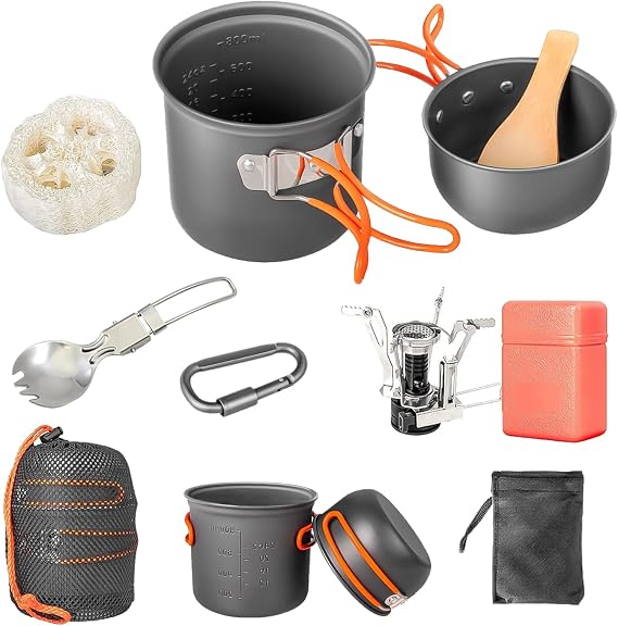 Camping Cookware Set, Portable Camping Mess Kit with Non-Stick Pots, Pans Set and Folding Fork, Lightweight Backpacking cookware Cooking Set for Outdoor/Camping/Hiking/Picnic
