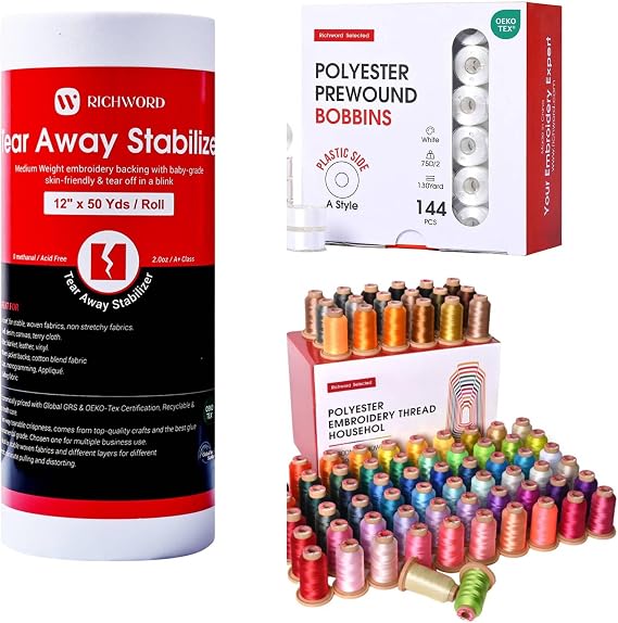 Poolin 80 Color 800M Polyester Thread Set + 144 Prewound Bobbins Size A (Class 15 / SA156) + 12" x 12" Tear Away Stabilizer 100 Sheets, 2.0 oz for Embroidery Machines