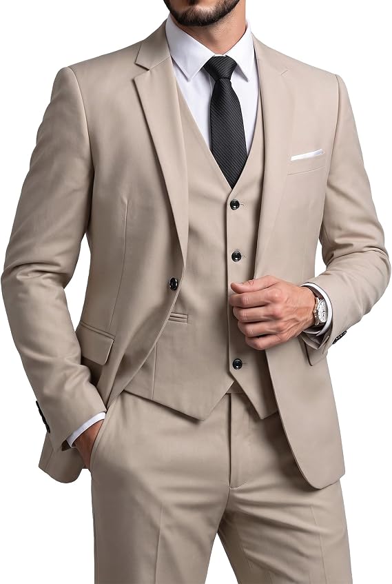 YND Men's Slim Fit 3 Piece Suit Set with Stretch Fabric, One Button Solid Blazer Vest Pants with Tie