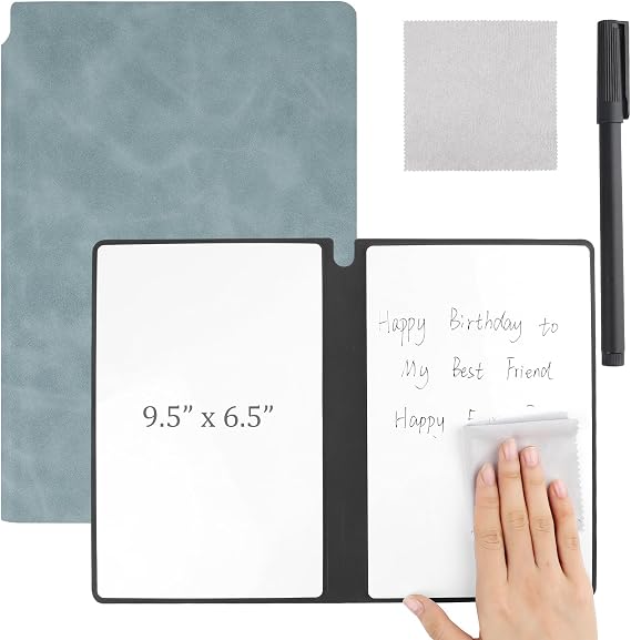 Reusable A5 Dry Erase Notebook Include a Wipeable Pen and Rag,9.4x6.5 Inch Erasable Notebook Whiteboard Notebook,Wipeable Notebook PU Hardcover for Office and Taking Notes(Light Cyan)
