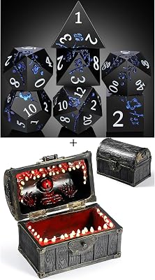 DNDND Glitter Blue D&D Metal Dice with Gift Case and DNDND Mimic Chest Dice Storage Box