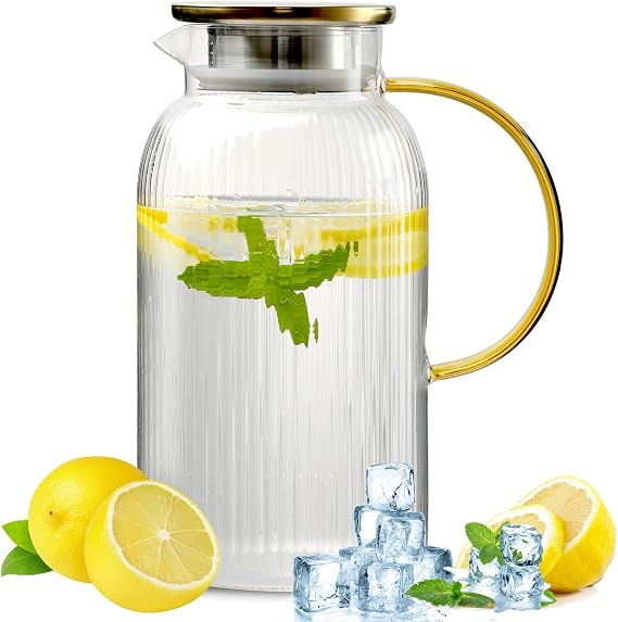 WLASSS 68 oz/2 Liter Glass Pitcher with Lid,Hand Blown Glass Water Pitcher for Cold Brew Coffee,Hot Water, Milk, Modern Vertical Stripes Iced Tea,Gifts