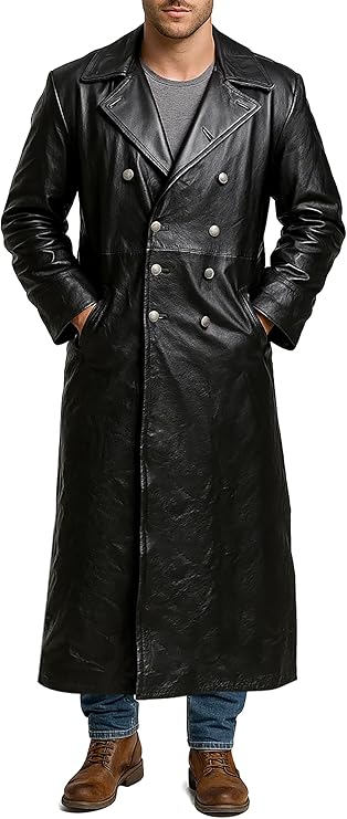 German Classic Leather TrenchCoat - WW2 Military Officer Black Leather Trench Coat for Men - Sheepskin Leather Coat