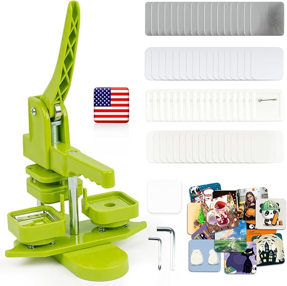 Happizza Square Button Maker Machine, Installation-Free Pin Maker Machine 50mm/1.97in, Square-Shaped Pin Badge Button Press Machine with 100pcs Button Maker Supplies, DIY Pin Maker Machine Kit