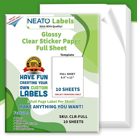 Clear Transparent Sticker Paper (8.5 x 11) - Glossy Full Sheet Vinyl Labels for Inkjet Printers - Tear-Resistant, Strong Adhesive, Weather Resistant - DIY & Craft Projects Labels (10 Sheets)
