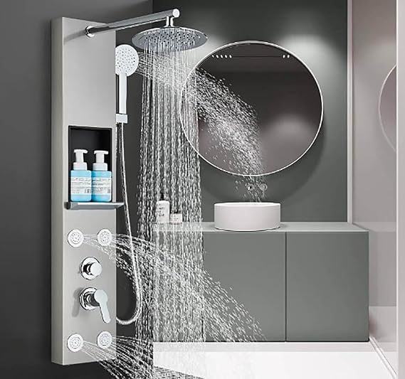 Stainless Steel Shower Column with Massage Jets Column Wall Shower Multifunctional Shower Panel with Shelf for Bathroom