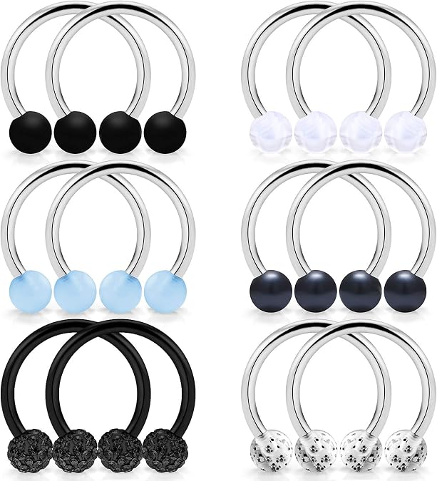 SCERRING 6 Pairs 14G Stainless Steel Horseshoe Nipple Rings Hoop Cartilage Earrings Nipplerings Piercing Jewelry For Women Men 14mm 16mm