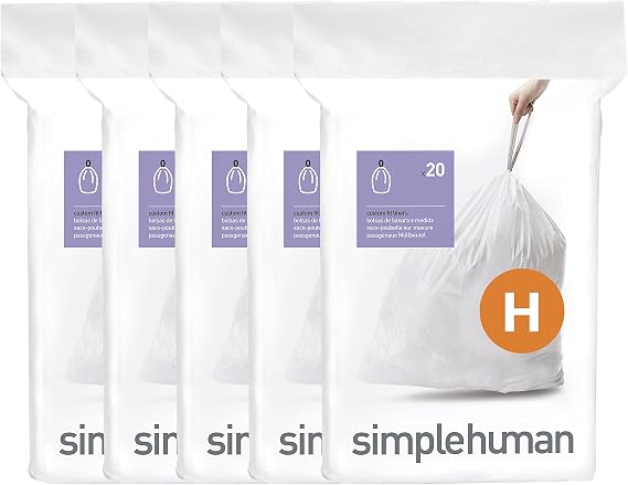 simplehuman Code H 100 Count Custom Fit Liners, Drawstring Kitchen Trash Bags, One-by-One Mess-Free Dispense, Extra Thick & Double Seamed, 50% PCR Plastic, 30-35 Liter / 8-9 Gallon, White