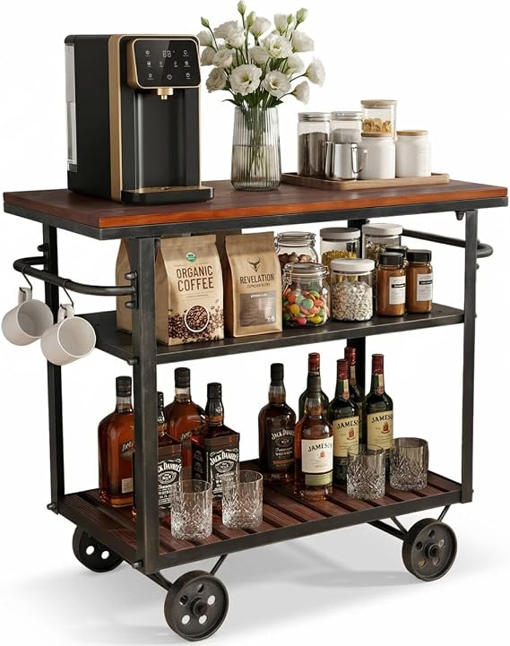 Vintage Rolling Bar Cart on Wheels Industrial Mobile Serving Cart Metal and Wood Design for Kitchen Bar Office Coffee House 36.2" Lx15.75 Wx30.5 H 3 Tier with 2 Side Handle
