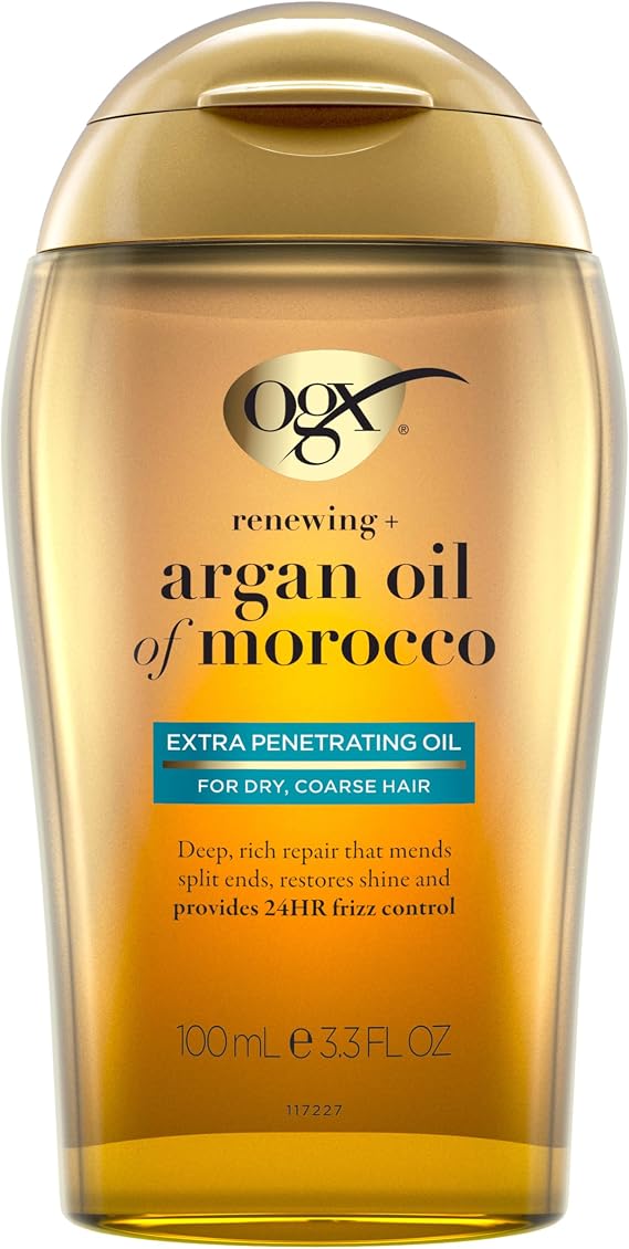OGX Ekstra Mukavemet Yenileme+Argan Fas Yağı Penetran Saç Yağı Tedavisi, Kuru, Hasarlı ve Kaba Saçlar İçin Derin Nemlendirici Serum, Paraben İçermez, Sülfatlı Yüzey Faktanları İçermez