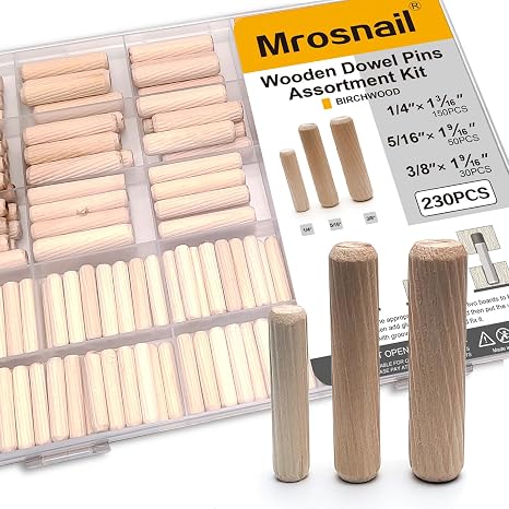 230Pcs Wooden Dowel Pins Set, 1/4inch, 5/16inch, 3/8inch Fluted Wood Dowels with Beveled Grooves for Crafts, Furniture