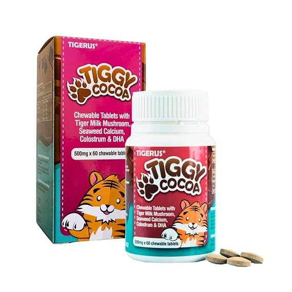 TIGGY Cocoa Chewable Tablets with Tiger Milk Mushroom Delicious, Convenient and Nutritious Cocoa-Based Supplement for Energy, Wellness, and Overall Health 60 Tablets, Kids & Adults